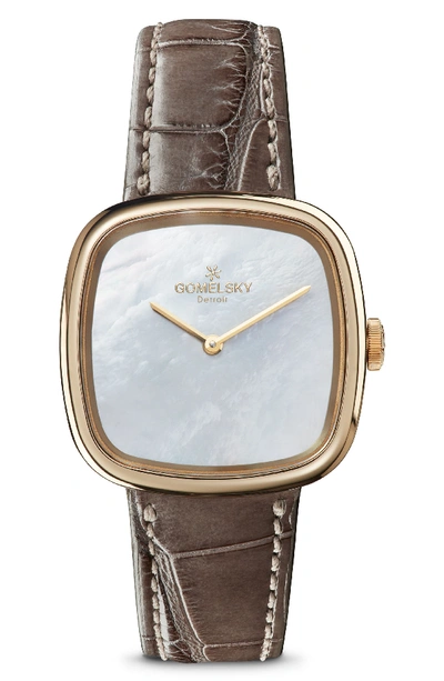 Gomelsky The Eppie Sneed Mini Alligator Strap Watch, 32mm In Grey/ Mop/ Gold