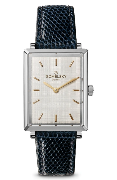 Gomelsky The Shirley Fromer Leather Strap Watch, 32mm X 25mm In Navy/ Brass/ Silver