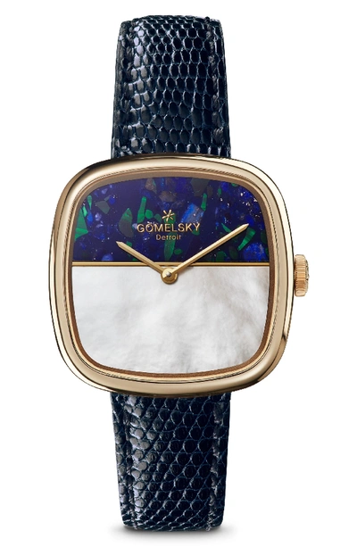 Gomelsky The Eppie Two-tone Dial Blue Strap Watch, 32mm X 32mm In Navy/ Mop Malachite/ Gold