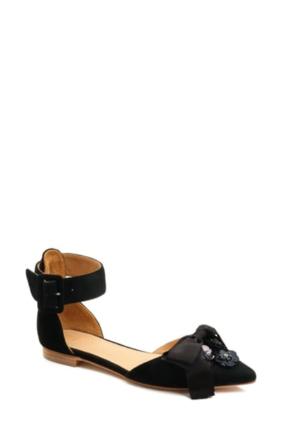 Bill Blass Sylvie Ankle Strap Embellished Flat In Black Suede