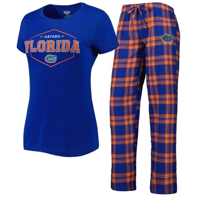 Concepts Sport Women's  Royal And Orange Florida Gators Badge T-shirt And Flannel Pants Sleep Set In Royal,orange