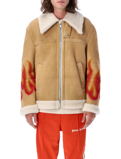 Palm Angels Burning Printed Shearling Jacket In Beige