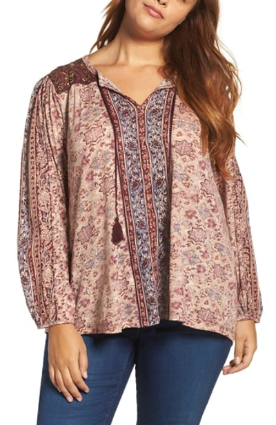 Lucky Brand Trendy Plus Size Embellished Peasant Top In Red Multi