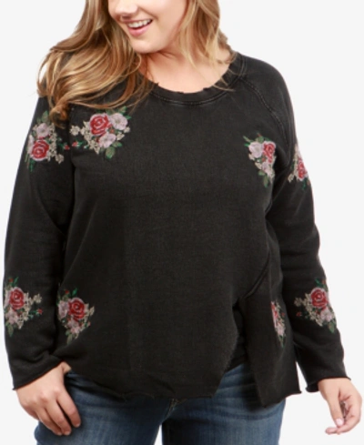 Lucky Brand Trendy Plus Size Cotton Ripped Embroidered Sweatshirt In Black Multi