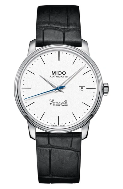 Mido Men's Swiss Automatic Baroncelli Iii Heritage Black Leather Strap Watch 39mm In White/black