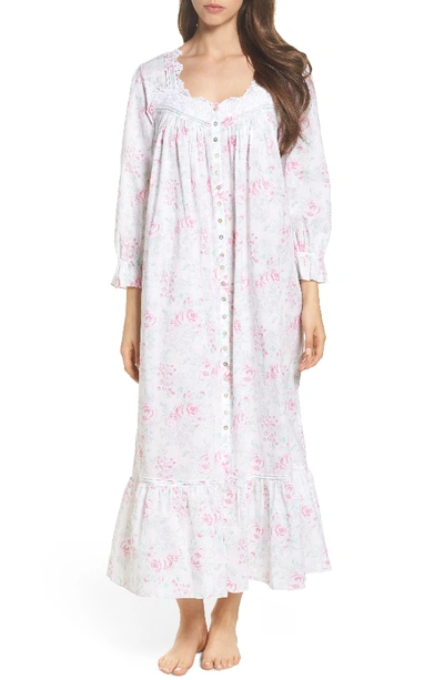 Eileen West Button Front Cotton Nightgown In White Watercolor Floral