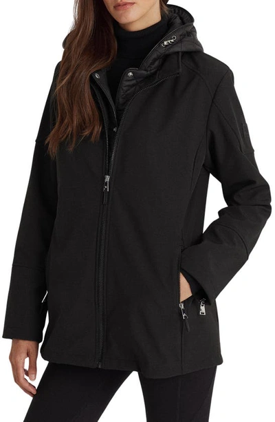 Lauren Ralph Lauren Softshell Raincoat With Hooded Bib In Black