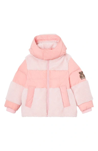 Burberry Kids' Calder Mixed Media Colorblock Hooded Down Puffer Jacket In Pink