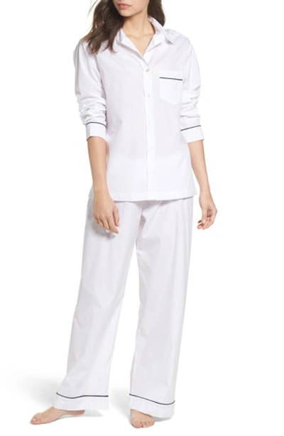 Pour Les Femmes Piped Pajamas In White With Navy Piping