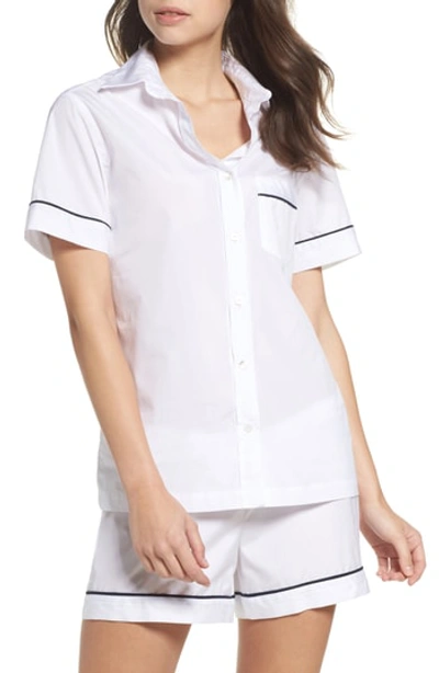 Pour Les Femmes Piped Sleep Shirt In White With Navy Pin Stripe