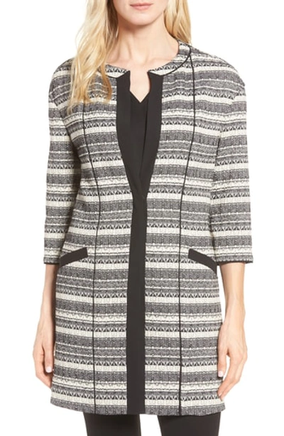 Anne Klein Long Stripe Tweed Jacket In Oyster/ Black