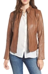 Bernardo Zip Front Leather Biker Jacket In New Cognac