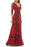 Js Collections Embroidered Lace Gown In Red/ Navy