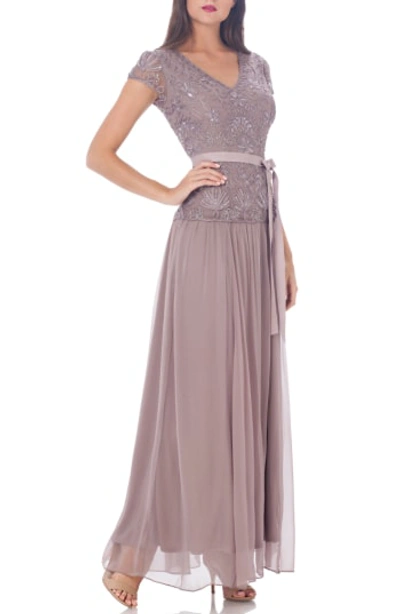 Js Collections Soutache Applique Gown In Dusty Lavender