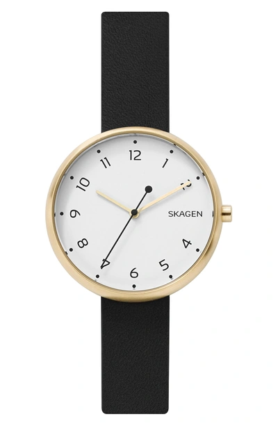 Skagen Signatur Leather Strap Watch, 36mm In Black/ White/ Gold