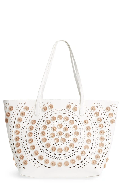 Sondra Roberts Perforated Glitter Flower Faux Leather Tote - Beige In White