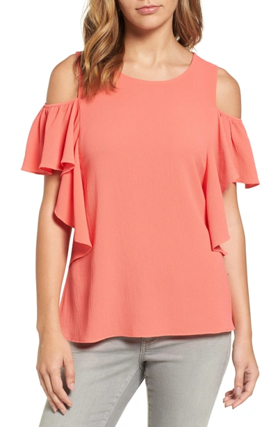 Bobeau Cold Shoulder Ruffle Sleeve Top In Coral