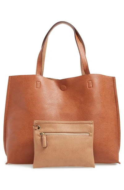 Street Level Reversible Faux Leather Tote & Wristlet - Brown In Cognac