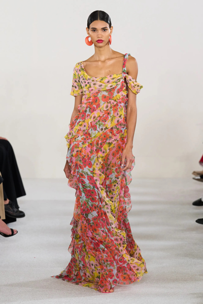 Carolina Herrera Multifloral-print Ruffle Asymmetric Cap-sleeve Chiffon Gown