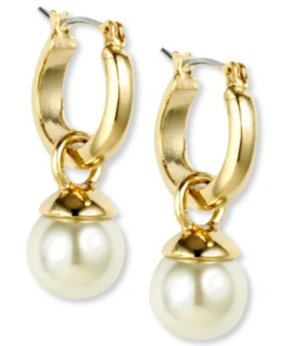 Anne Klein Gold-tone Imitation Pearl Drop Off 1/2" Hoop Earrings