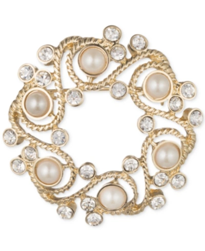 Anne Klein Gold-tone Imitation Pearl And Crystal Wreath Pin, Created For Macy's