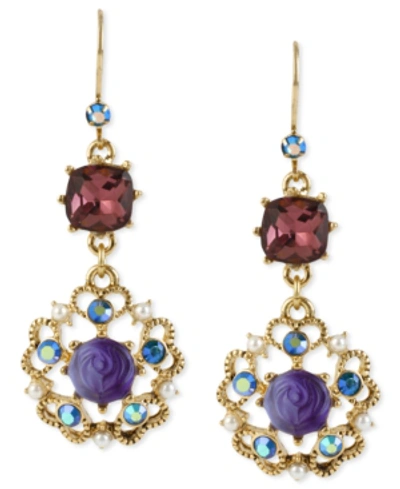 Betsey Johnson Antique Gold-tone Flower Medallion Crystal Drop Earrings In Multi