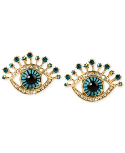 Betsey Johnson Gold-tone Glass Stone And Enamel Eye Stud Earrings In Blue