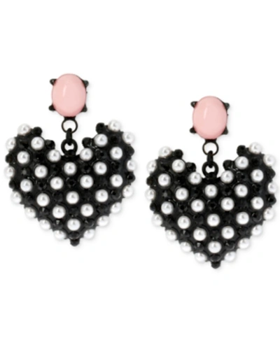 Betsey Johnson Black-tone Imitation Pearl Heart Earrings