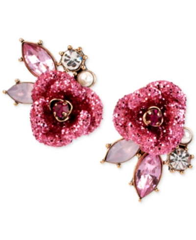 Betsey Johnson Gold-tone Glitter Rose Mismatch Stud Earrings In Pink