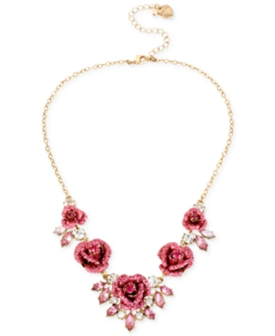Betsey Johnson Gold-tone Glitter Rose Frontal Necklace In Pink Multi