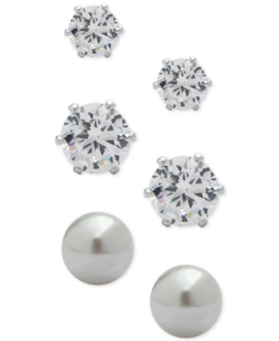Anne Klein 3-pc. Set Crystal And Imitation Pearl Stud Earrings In Silver