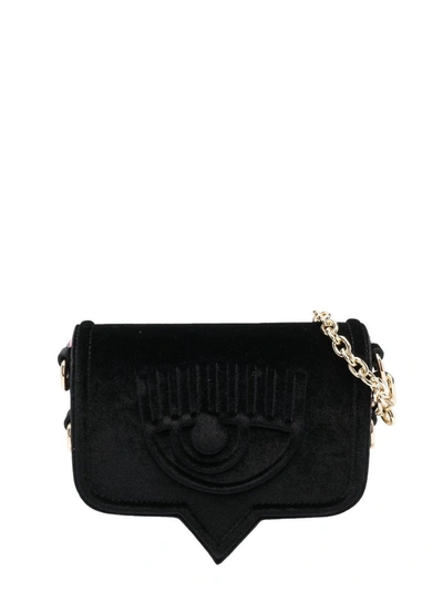 Chiara Ferragni Velvet Embossed-logo Shoulder Bag In Black