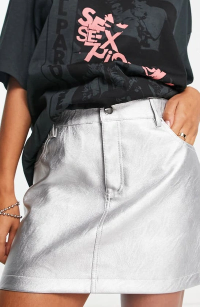 Topshop Leather Look Denim Styling Mini Skirt In Metallic Silver