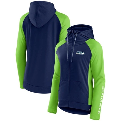 Fanatics Branded College Navy/neon Green Seattle Seahawks End Around Lightweight Raglan Full-zip Hoo In College Navy,neon Green
