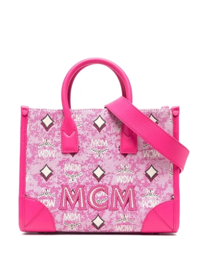Mcm Munchen Small Tote In Pink/silver