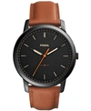 Fossil Men's The Minimalist Brown Leather Strap Watch 44mm Fs5305 In Black / Brown