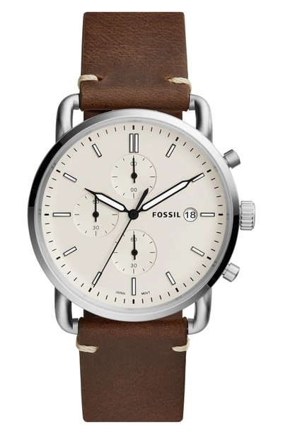 Fossil Men's Chronograph Commuter Brown Leather Strap Watch 42mm In Brown/cream