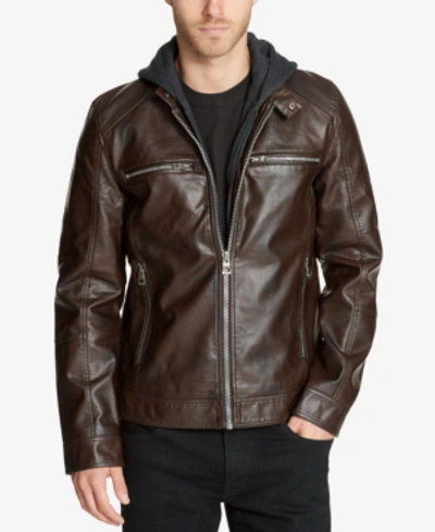 Guess Men's Faux-leather Detachable-hood Motorcycle Jacket In Dark Brown