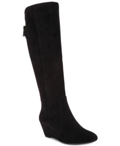 Anne Klein Azriel Wide-calf Wedge Boots In Black Suede