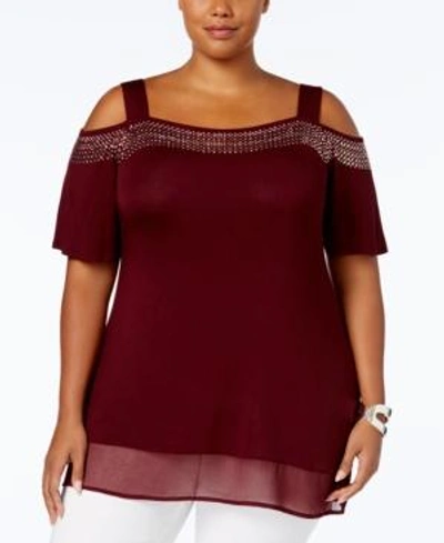 Belldini Plus Size Cold-shoulder Top In Black Cherry