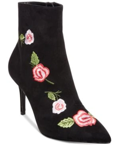 Betsey Johnson Estelle Pointed-toe Embroidery Booties Women's Shoes In Black