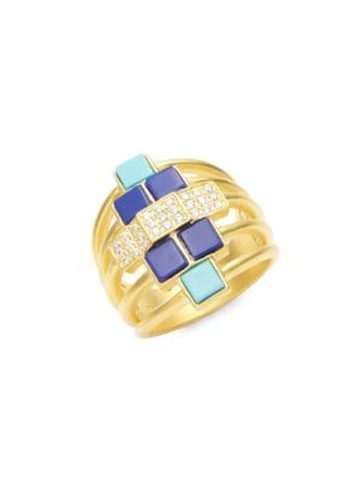 Freida Rothman 14k Yellow Gold & Cubic Zirconia Bricked Lapis Ring