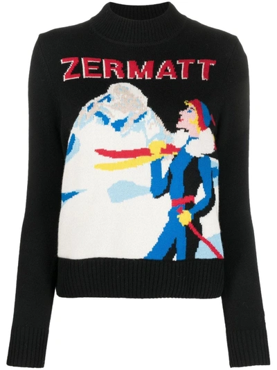 Mc2 Saint Barth Wool And Cashmere Blend Jumper With Vintage Postcard Print In Black