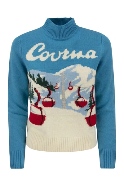 Mc2 Saint Barth Wool And Cashmere Blend Jumper With Vintage Postcard Print In Light Blue