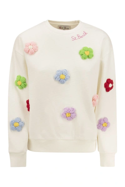 Mc2 Saint Barth Cotton Sweatshirt With Flowers In White