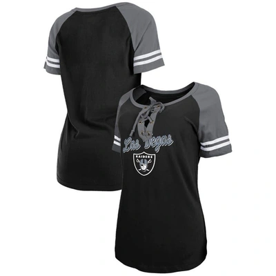 New Era Black/silver Las Vegas Raiders Lightweight Lace-up Raglan T-shirt