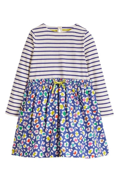 Mini Boden Kids' Mix Print Cotton Knit Dress In Starboard Blue/ Multi Leopard