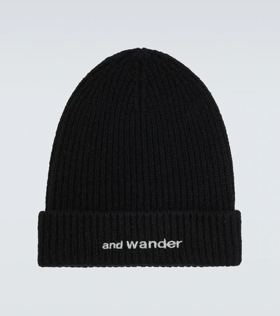 And Wander Logo-embroidered Ribbed Shetland Wool Beanie In Black