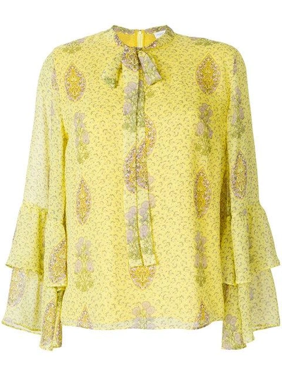 Giambattista Valli Floral-print Bell-sleeves Silk-georgette Blouse In Yellow & Orange