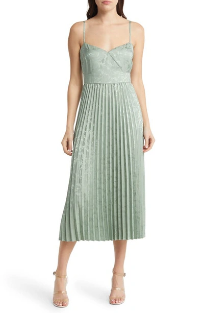 Lulus Regal Romance Sage Floral Jacquard Pleated Satin Midi Dress In Green